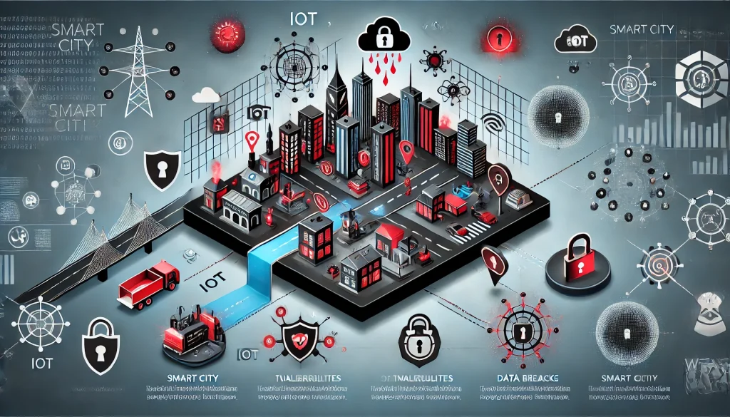 Common threats to smart city infrastructure, like IoT vulnerabilities and data breaches