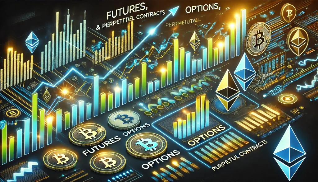 Visual showing the growing popularity of futures, options, and perpetual contracts in the cryptocurrency market