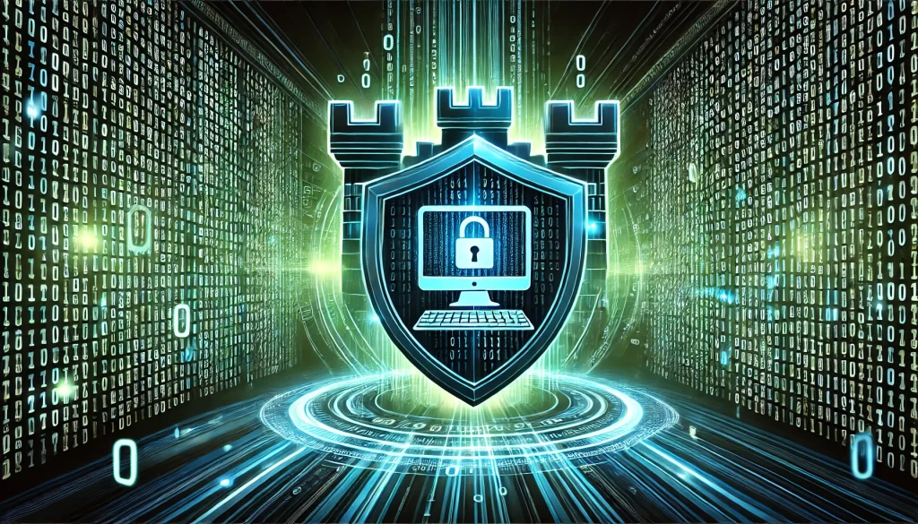 A digital fortress icon shielding a computer, binary code in the background, glowing green and blue tones, tech-inspired design, hd quality