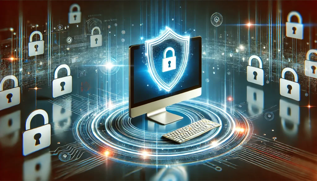 A PC with a holographic antivirus symbol floating above, surrounded by secure data streams, minimalistic background, bright digital effects, hd quality