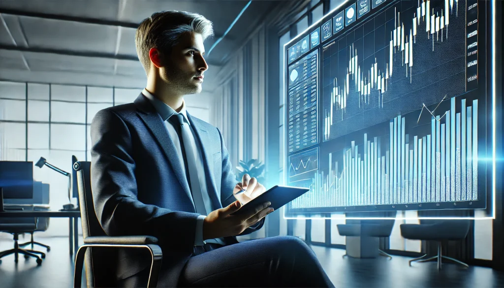 A confident investor analyzing stock charts on a large screen, illuminated by soft blue light, modern office in background, hd quality, clean aesthetic