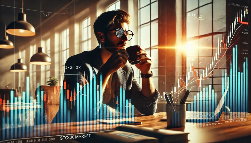 A calm investor sipping coffee at a desk with stock market graphs reflected in glasses, sunlight streaming through windows, warm tones, hd quality, cinematic