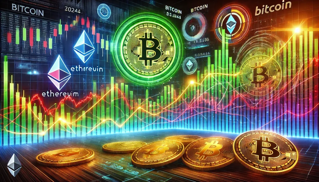 A vibrant graph showcasing Bitcoin price fluctuations throughout 2024, set against a backdrop of digital currency symbols and market trends