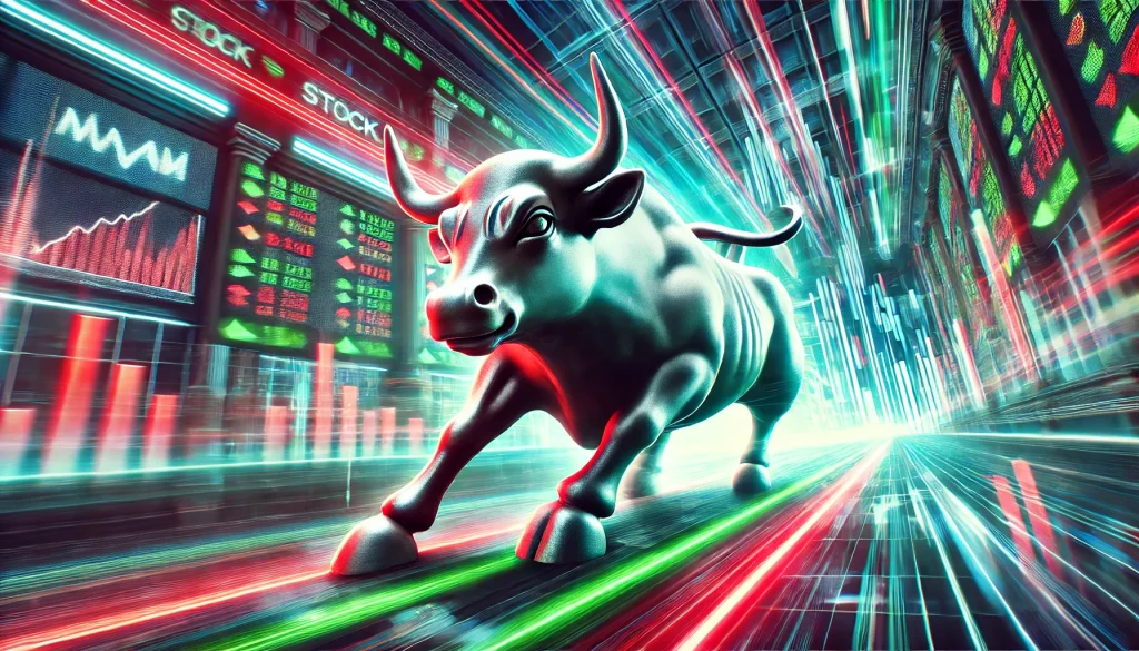 A metaphorical image of a stock market bull charging through a neon-lit stock exchange, dynamic motion, sharp contrasts of red and green, hd quality, vibrant