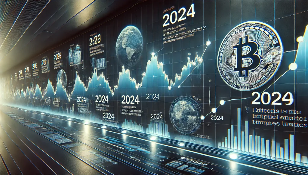 A visually engaging timeline of Bitcoin's price journey in 2024, incorporating elements like charts, news headlines, and influential figures in crypto