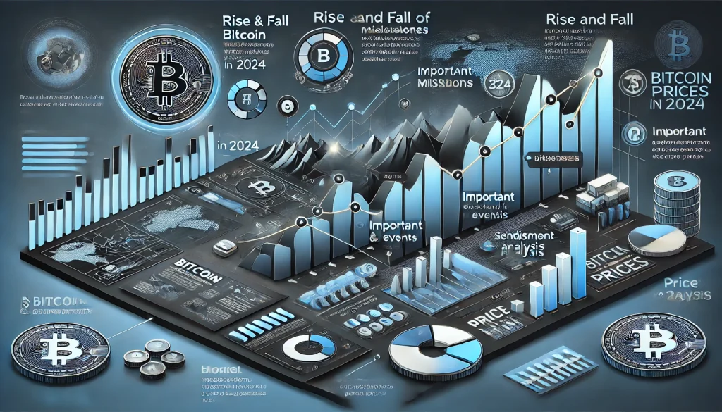  An infographic illustrating the rise and fall of Bitcoin prices in 2024, featuring key milestones, news events, and market sentiment analysis