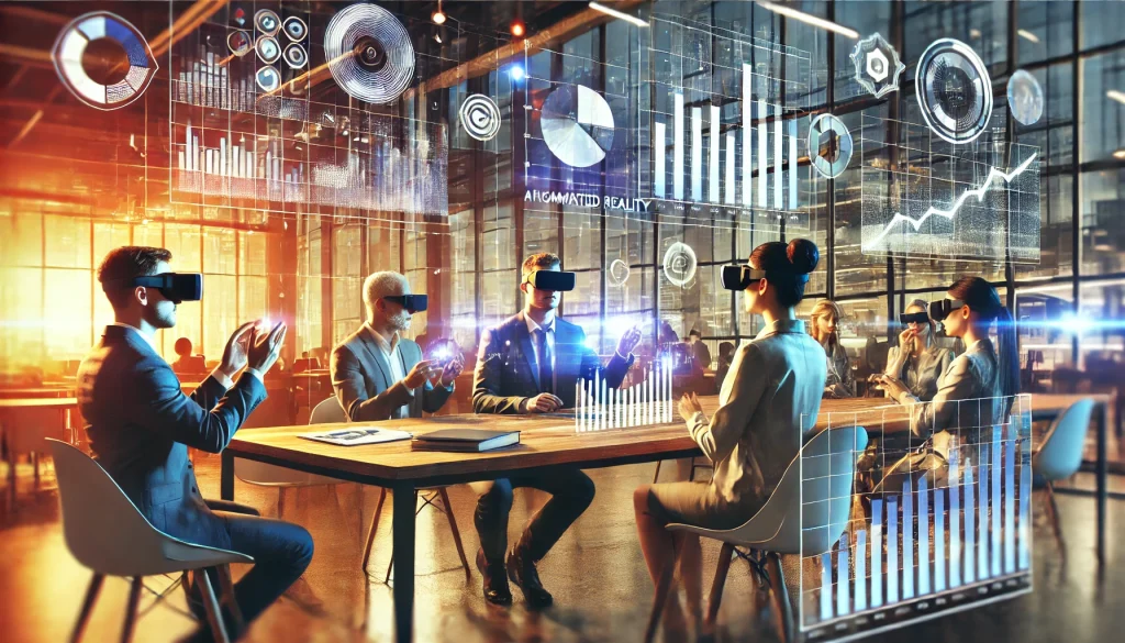 A business meeting with executives using augmented reality glasses, interactive 3D charts floating in mid-air, vibrant office background, warm natural lighting