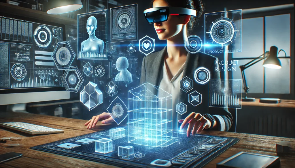 A professional designer using augmented reality for product design, holographic models displayed, modern tech workspace, glowing blue hues, sharp contrast lighting