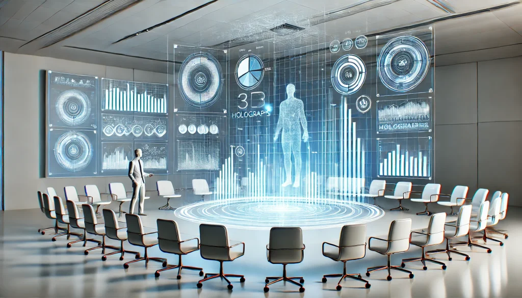 A business presentation utilizing AR holograms, immersive graphs floating, sleek corporate setting, clean white surfaces, soft ambient lighting, tech-enhanced visuals