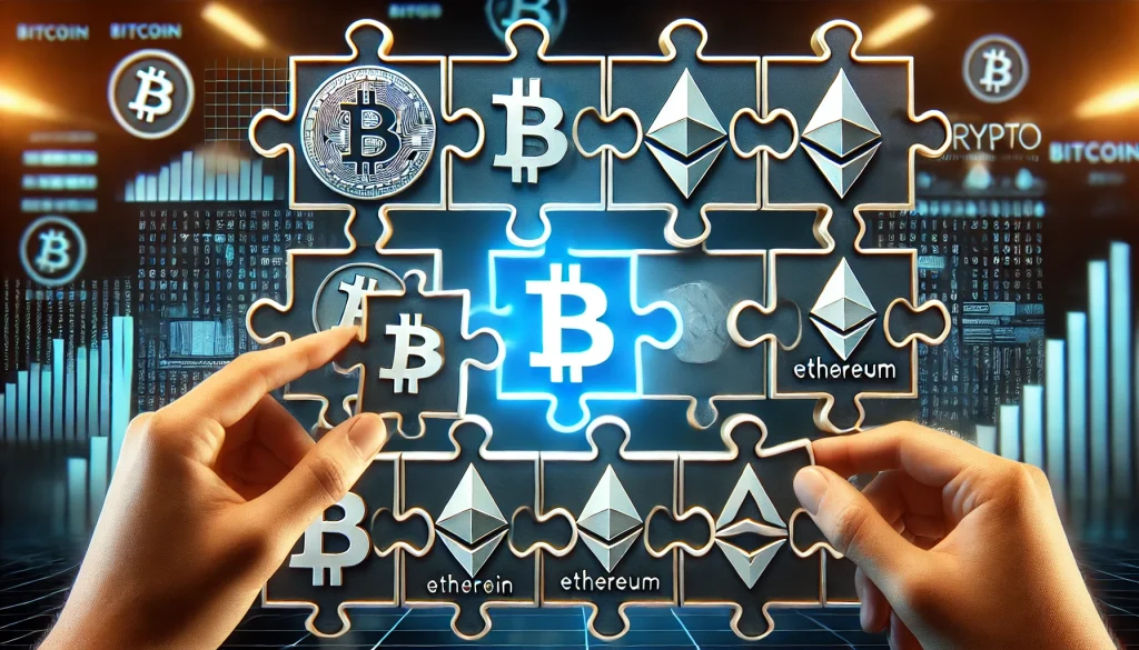 A puzzle being assembled with different cryptocurrency symbols on each piece, representing the strategic importance of diversifying crypto assets