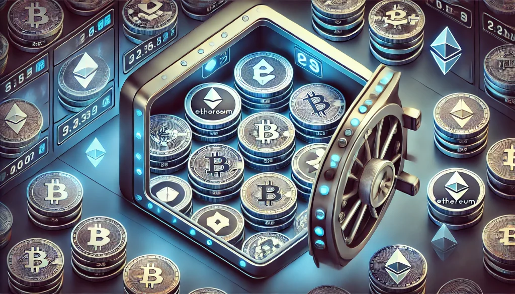 A digital vault filled with different cryptocurrency coins, each coin uniquely designed, showcasing the variety and safety of a diversified portfolio