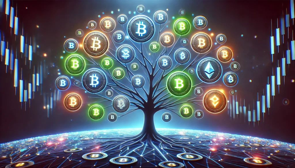 A large digital tree with crypto symbols as leaves, each leaf glowing in a different hue, representing a well-diversified portfolio in the crypto space