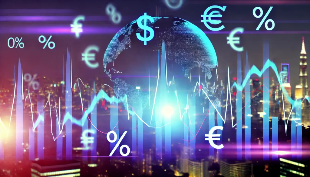 A dynamic stock market graph with fluctuating bars, overlaid with global economic symbols, fading into the background of a cityscape skyline, vibrant lighting, hd quality