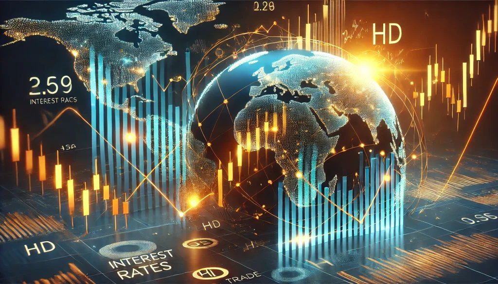 A conceptual image of stock graphs intertwined with rising interest rates, global trade lines in the background, golden light reflecting on the data points, hd