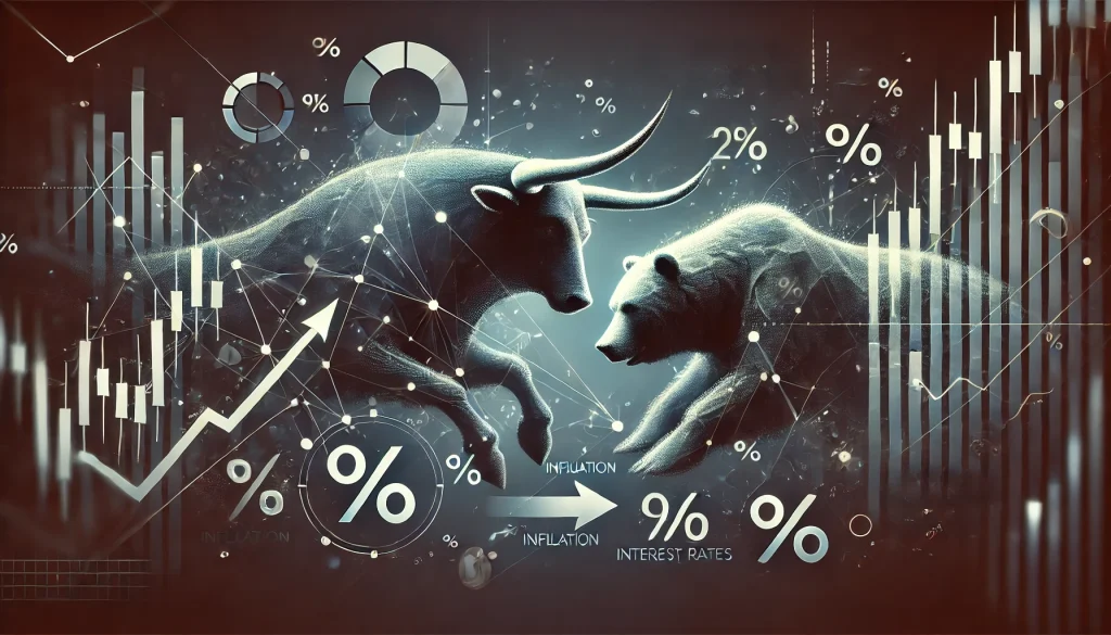 An abstract representation of stock market bull and bear icons, intersecting with global economic factors like inflation, interest rates, dark tones, soft lighting, hd