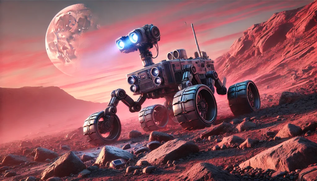 A futuristic Mars rover navigating a rocky terrain under a pink-hued sunset, with robotic arms scanning the surface, capturing fine dust particles