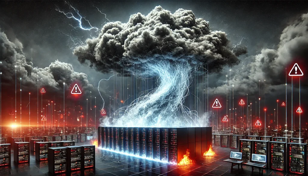  A stormy cloud above a data server, data streams escaping like vapor, digital firewalls crumbling, glowing warnings, cybersecurity breach. hd, sharp details