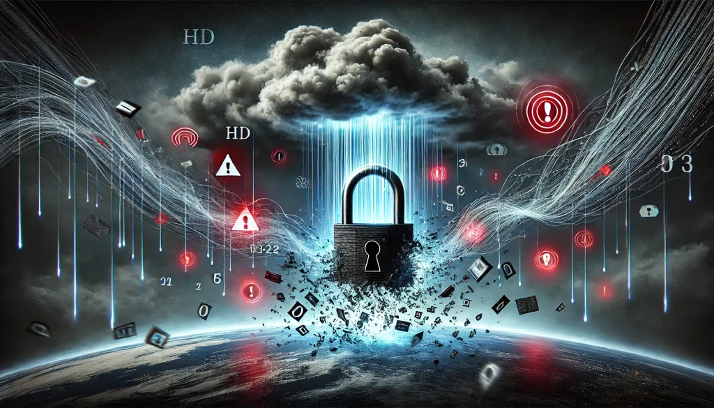 A digital lock breaking apart in a cloud, data spiraling out into the open air, red alert signals, dark sky, threatening atmosphere. hd, vivid style