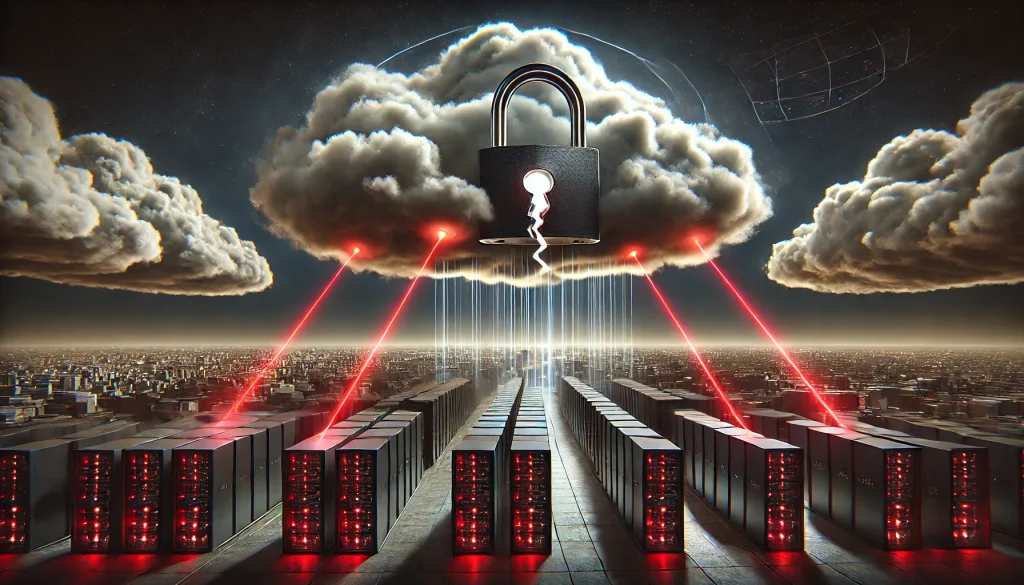 A cloud with a broken padlock hovering above a city of servers, red laser beams targeting the servers, dark skies, cyber threat aura. hd, cinematic lighting