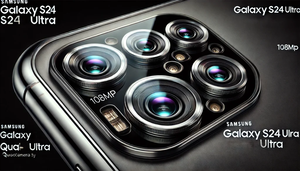 Close-up of the Galaxy S24 Ultra’s quad-camera system highlighting its 108MP primary sensor.