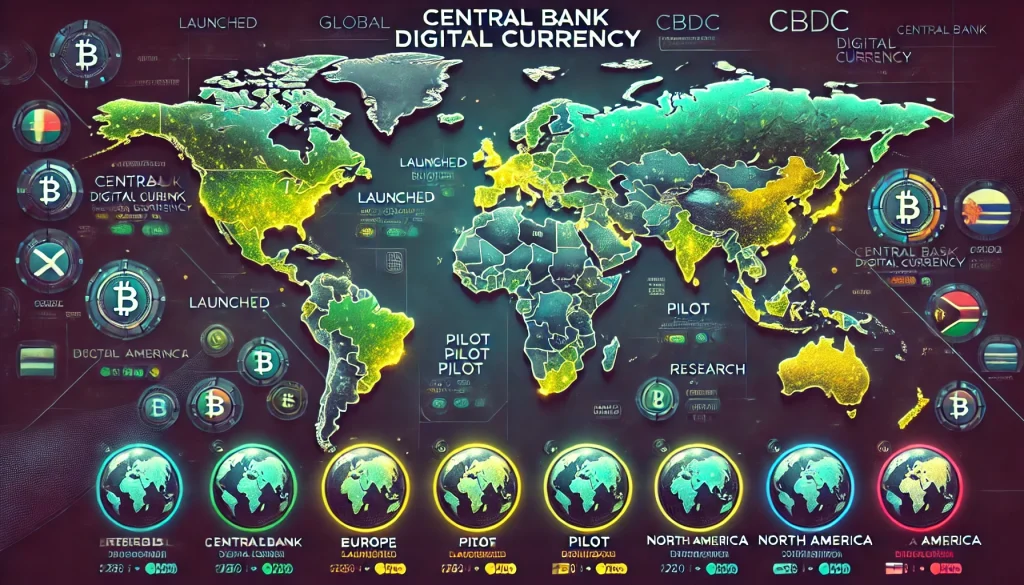 Map showing various global CBDC initiatives, highlighting countries with launched, pilot, and research stages.