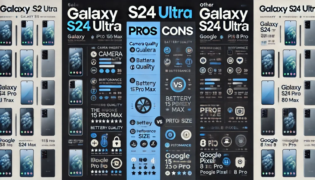 Comparison chart showing the pros and cons of the Galaxy S24 Ultra versus other flagship smartphones.
