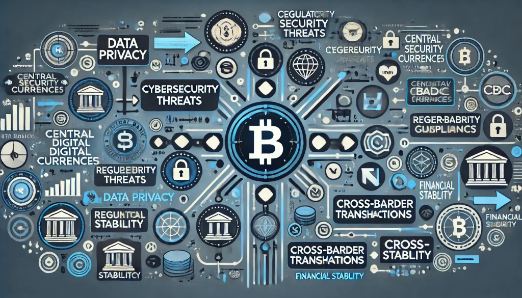 Diagram illustrating the key regulatory and security challenges in implementing CBDCs.