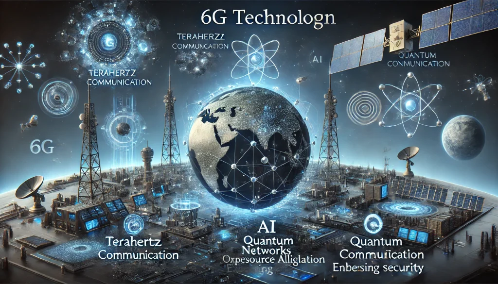 Futuristic visual of 6G tech: AI, quantum, terahertz, satellite