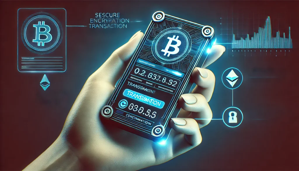 A hand holding a popular hardware wallet device with a secure cryptocurrency transaction screen visible, emphasizing protection and user-friendly interface.