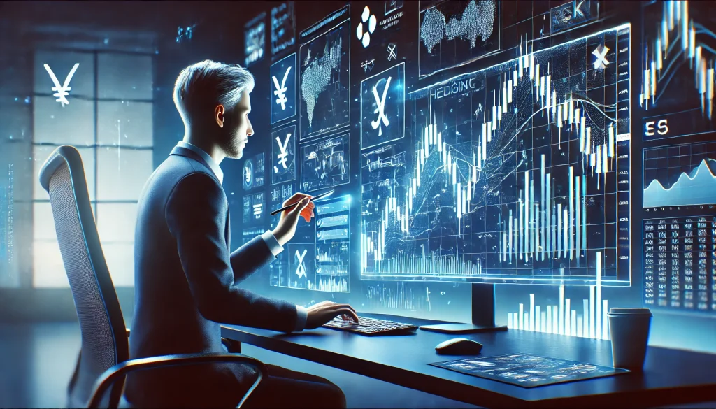 A trader analyzing currency exchange charts on a computer screen, illustrating Forex hedging strategies to minimize risk in volatile markets.