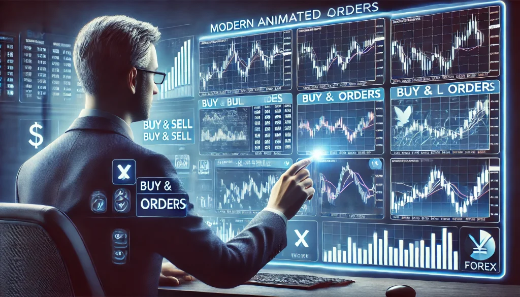 Visual of a Forex trader placing simultaneous buy and sell orders on different currency pairs, showcasing a common hedging technique for managing market uncertainty.