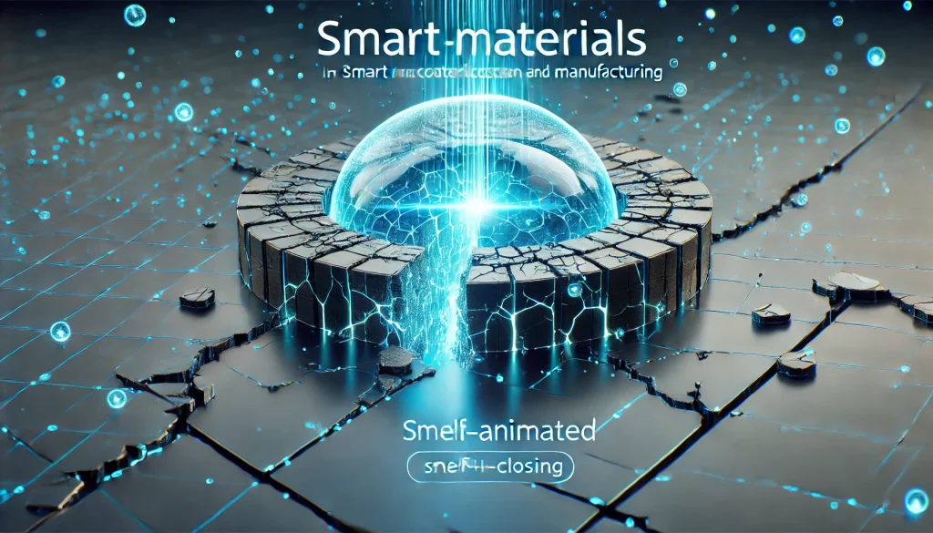 Illustration of a self-healing material with cracks sealing themselves, representing the advanced capabilities of smart materials in construction and manufacturing.