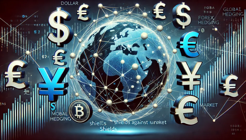 Illustration of a global financial network with interconnected currency symbols, representing how Forex hedging shields against unpredictable market movements.