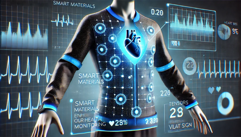 A futuristic fabric embedded with sensors, demonstrating how smart materials enhance wearable tech for health monitoring and advanced functionality.