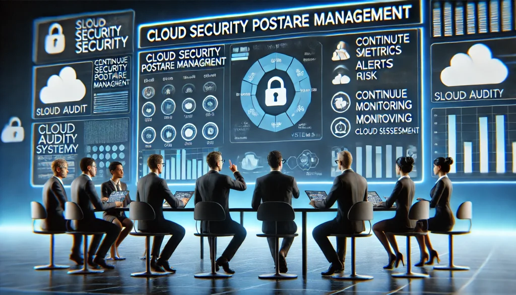  A team reviewing a security audit report for cloud systems, emphasizing the role of CSPM in continuous monitoring and improving cloud security strategies.