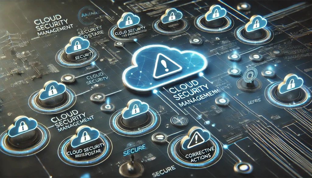 A digital map of cloud connections with security warnings, showing how Cloud Security Posture Management proactively detects and fixes configuration issues.