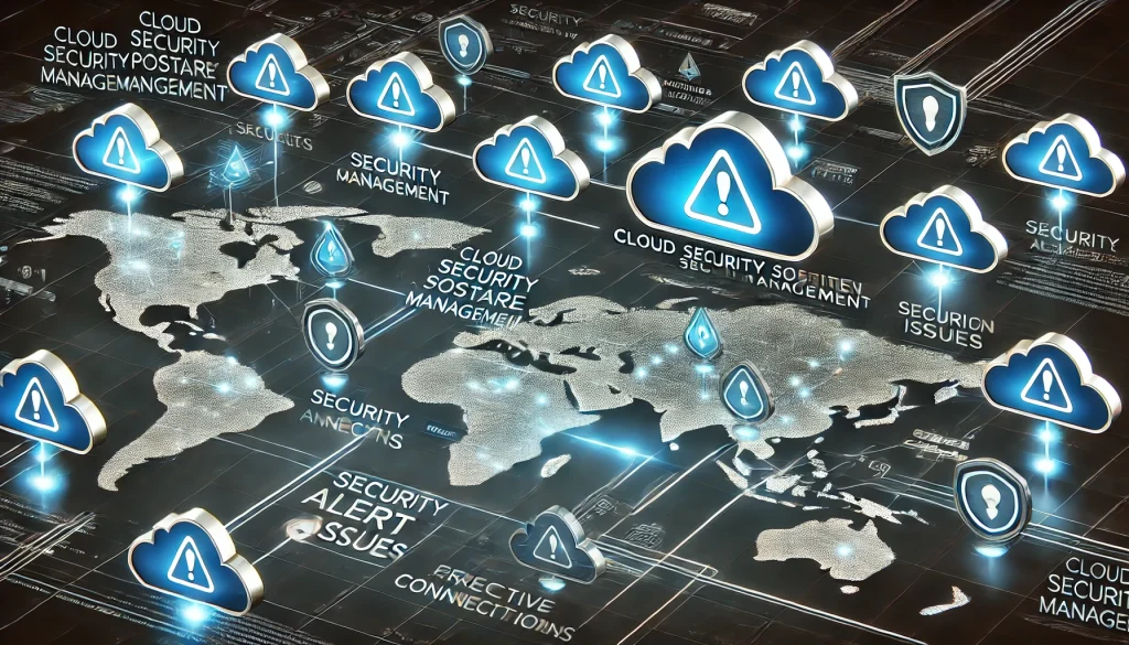 A digital map of cloud connections with security warnings, showing how Cloud Security Posture Management proactively detects and fixes configuration issues.