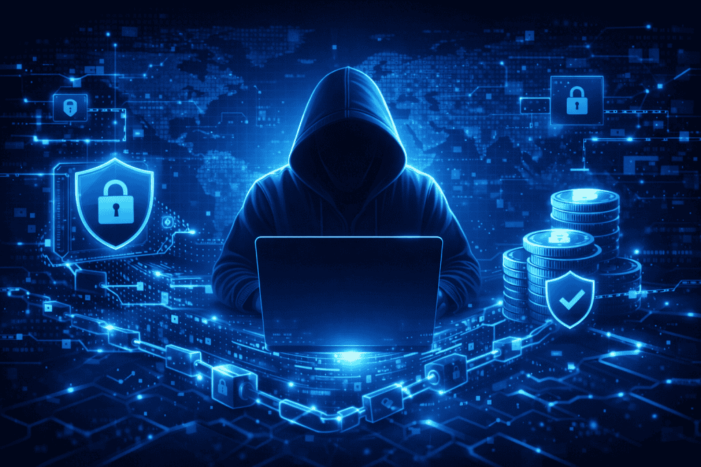 Anonymous crypto transaction visualized with encrypted blue data streams and nodes.