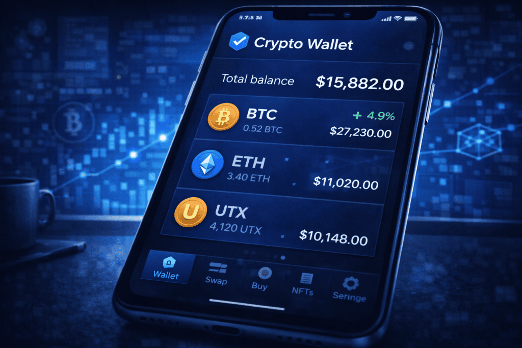 Close-up crypto wallet interface on smartphone showing token balances.