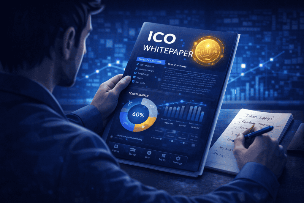 Investor reading ICO whitepaper, taking notes beside a coffee cup.