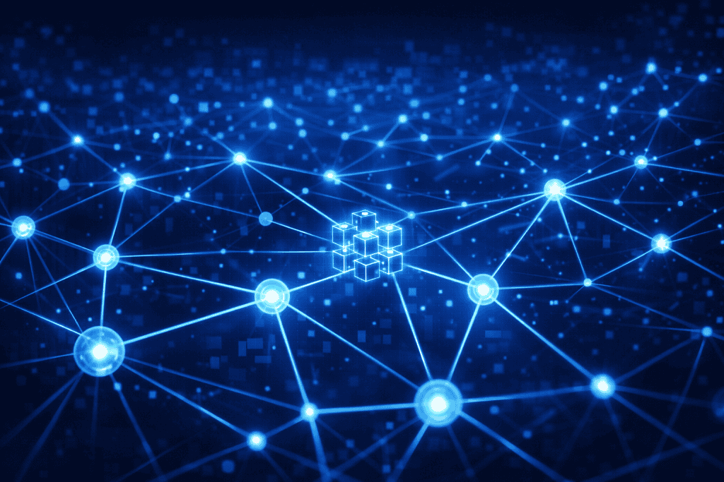Blockchain network visualization with glowing nodes connected by blue lines.