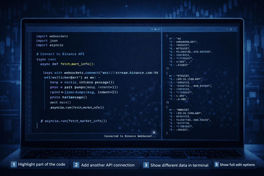 Python code streaming Binance market data beside live JSON output.