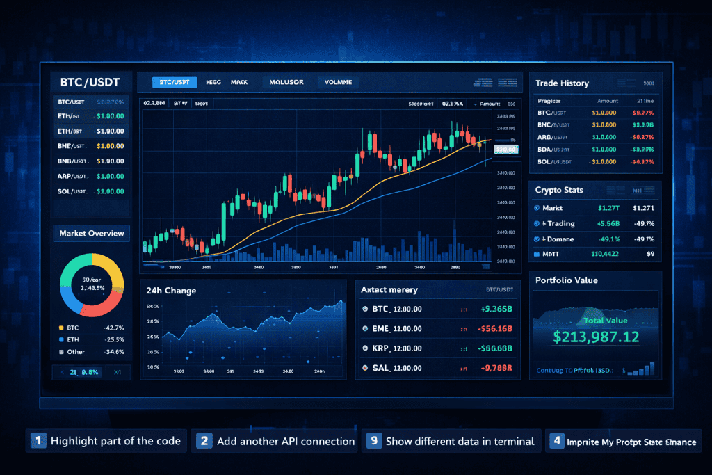 Real-time crypto dashboard showing candlestick chart and analytics panels.
