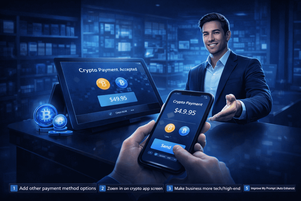 Business owner accepts crypto payments at checkout using mobile wallet app.