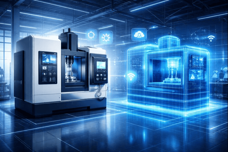 Real CNC machine with glowing holographic digital twin.