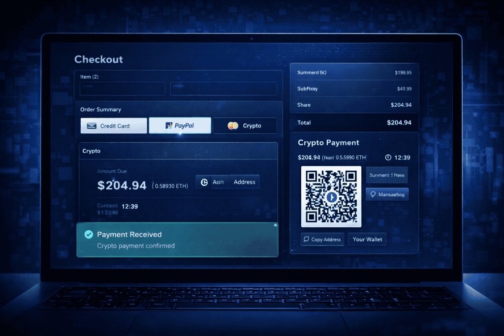 Checkout page showing crypto payments gateway with copy address button.