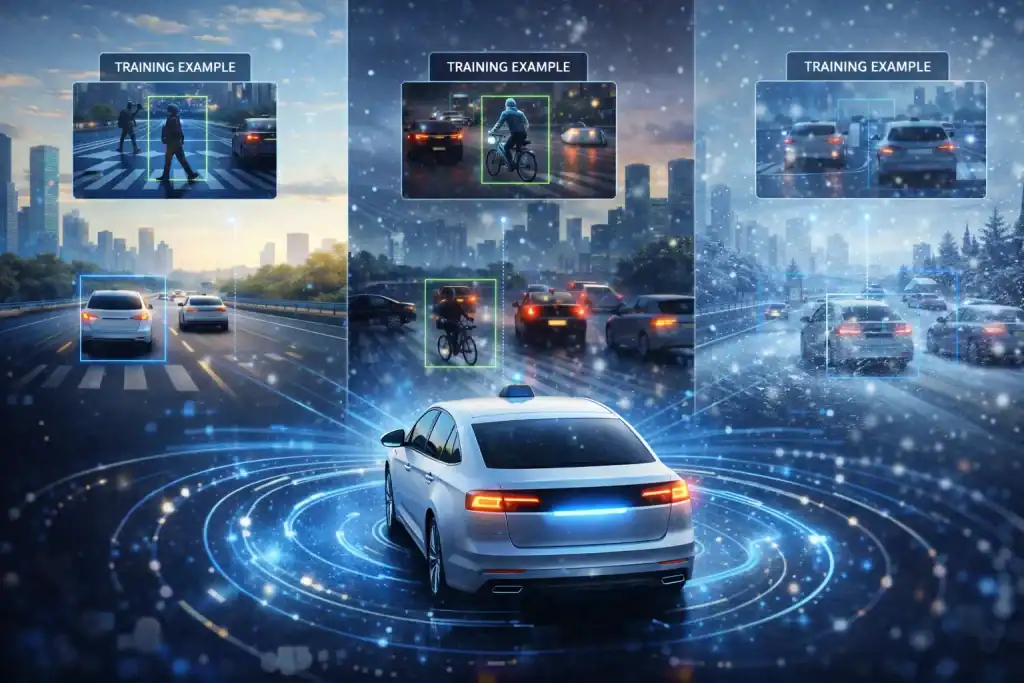 Self-driving car simulation scene with varied weather and traffic, showing virtual sensors generating training examples