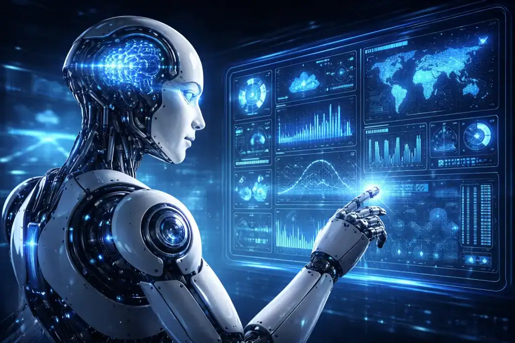 Futuristic robot using neuromorphic computing to analyze real-time environmental data.