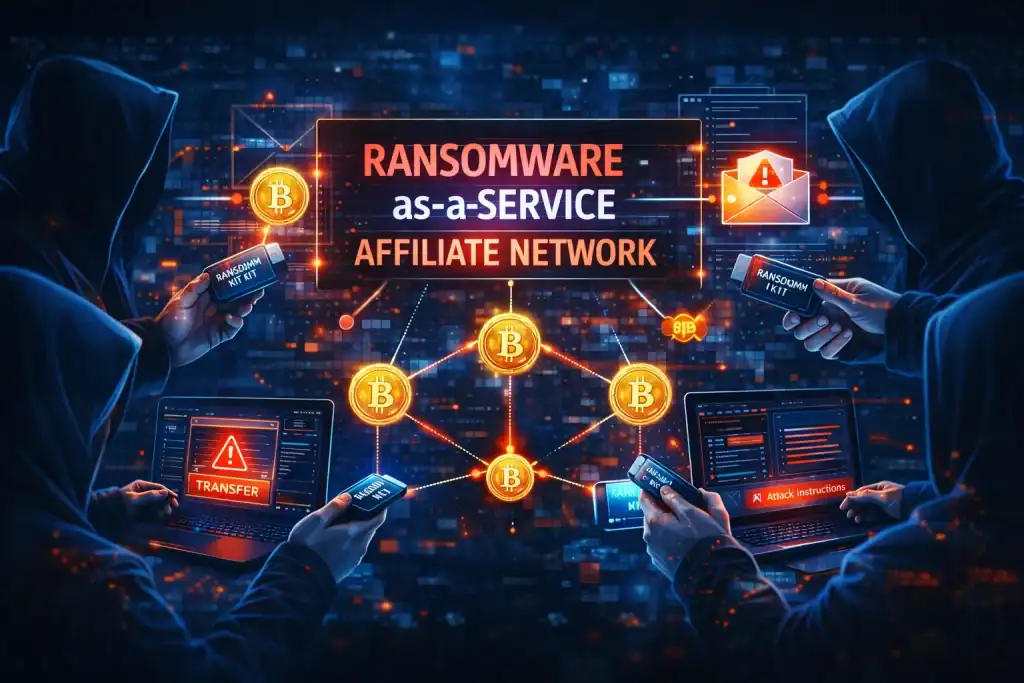 Ransomware-as-a-Service affiliate network visualized as hackers exchanging ransomware kits