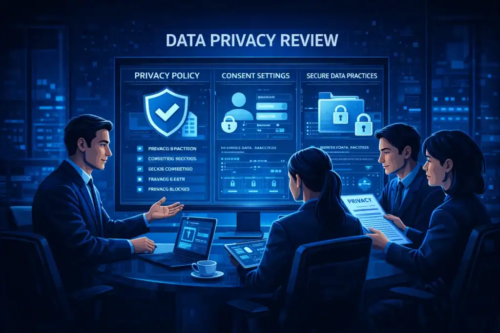 Data Privacy Review illustration of a business team discussing privacy policies